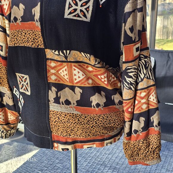 Vtg Zoo Animal Elephant Leopard Print Beaded Full Zip Jacket Alfred Dunner 10 - Picture 3 of 10